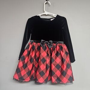 Cat & Jack 3T Black and Red Buffalo Plaid Dress Long Sleeve Velvet Tulle Skirt